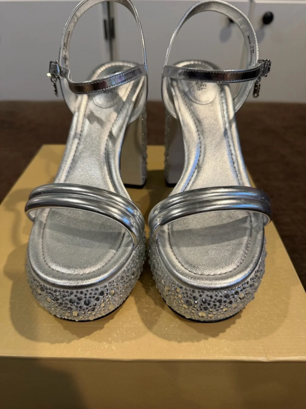 Michael Kors Silver Platform Sandals with Crystal Embellished Heels